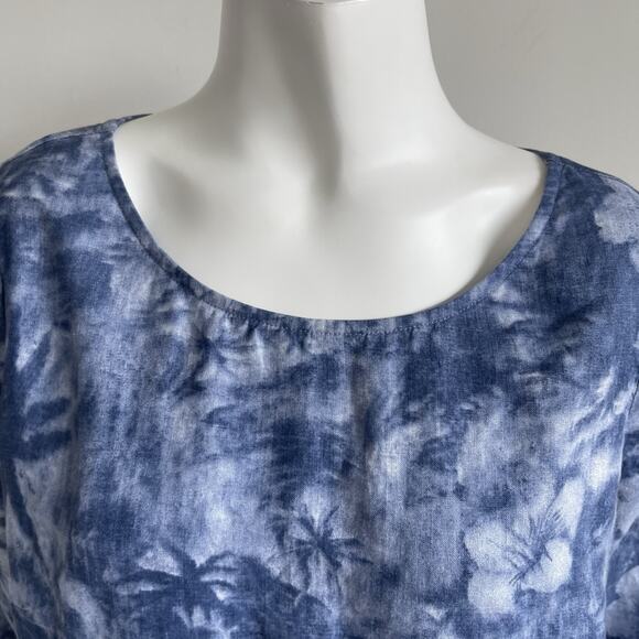 J Jill 3/4 Sleeves 100% Linen Shift Dress 10 Blue Hawaiian Tropical Palm Floral - Picture 4 of 15